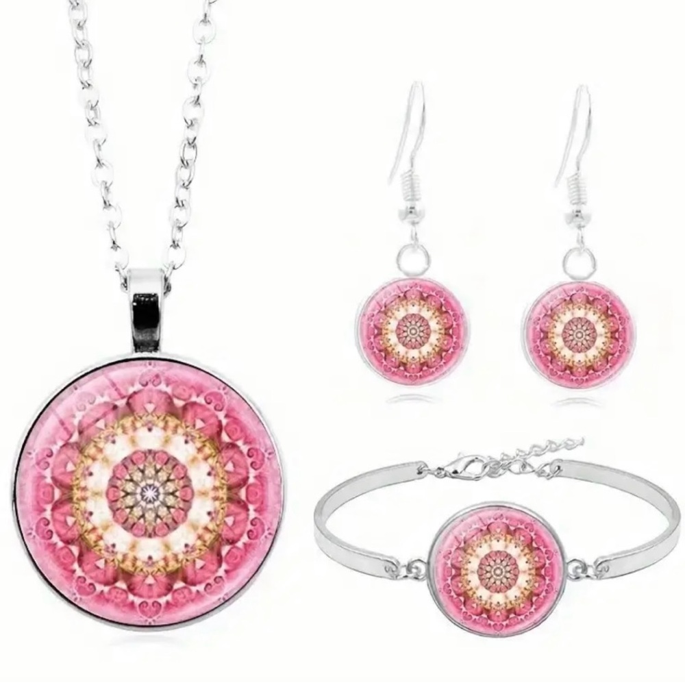 NEW Pink Mandala Cabochon Jewelry Set